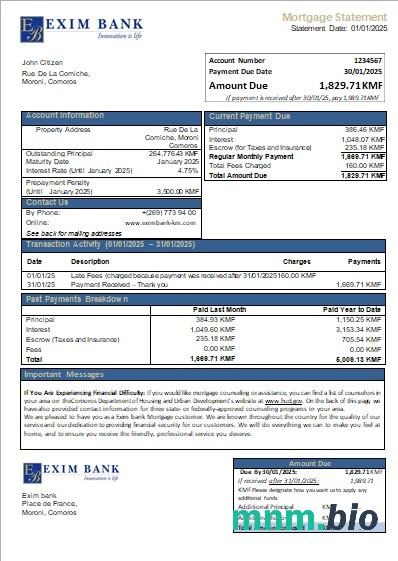 Komory Bank Exim wyciąg z kredytu hipotecznego szablon Word i PDF